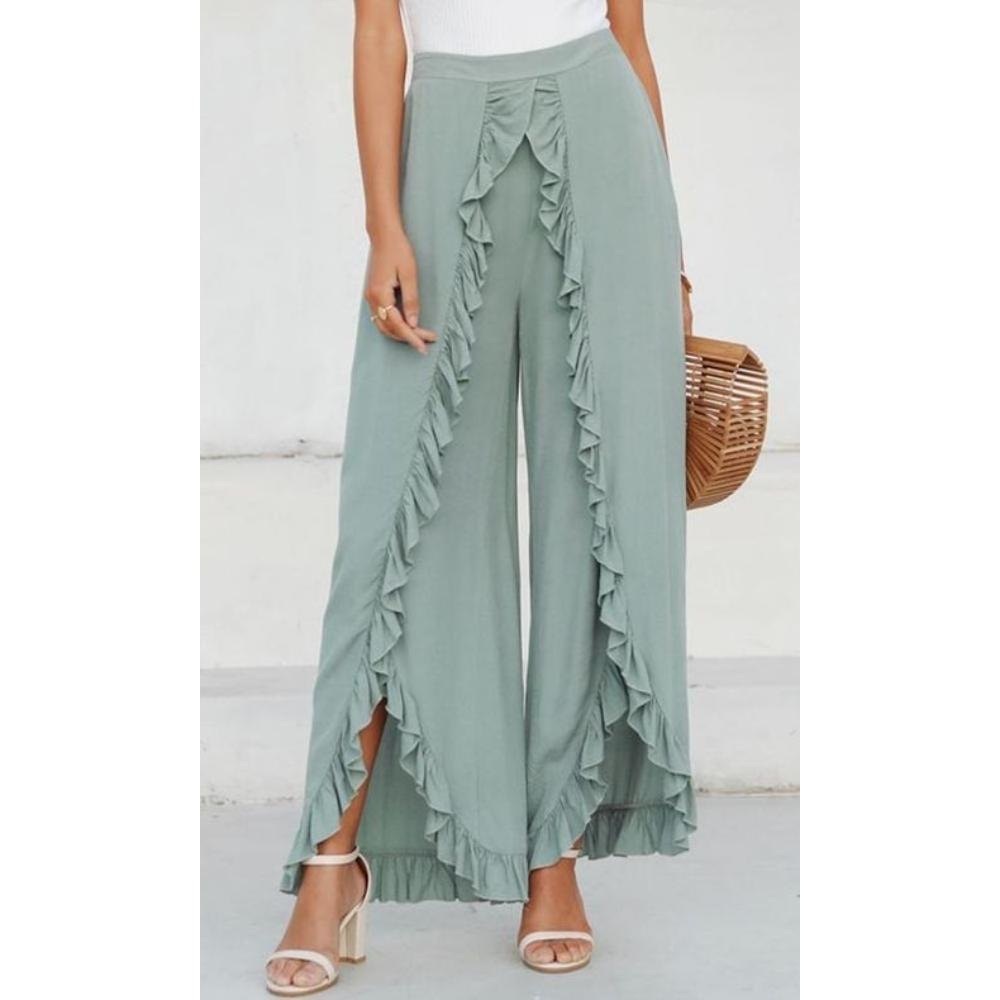 Simplee Green Ruffle Split Leg Pants - Picture 4 of 6